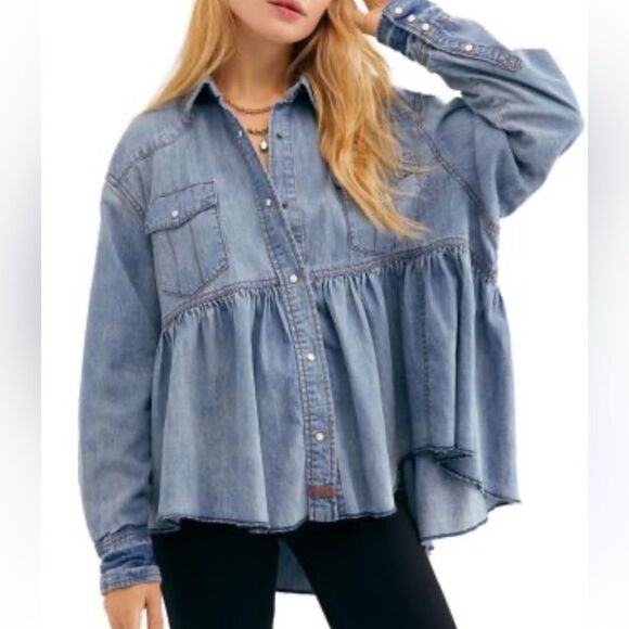 Free People Dylan Babydoll Chambray Shirt L - Picture 1 of 9